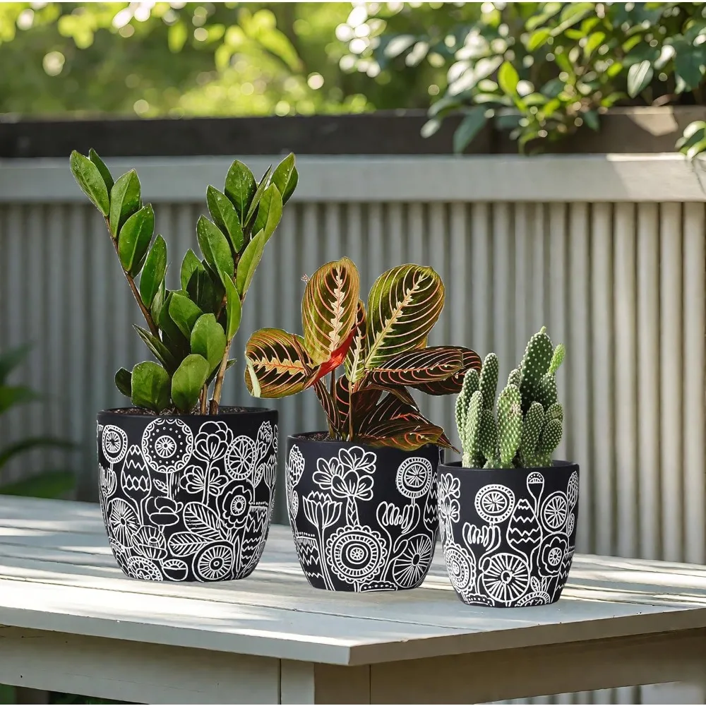 terracotta pots, 6.5+5+4.4 inch plant pots with drainage hole- floral pattern, black boho ceramic planters for indoor plants, fl