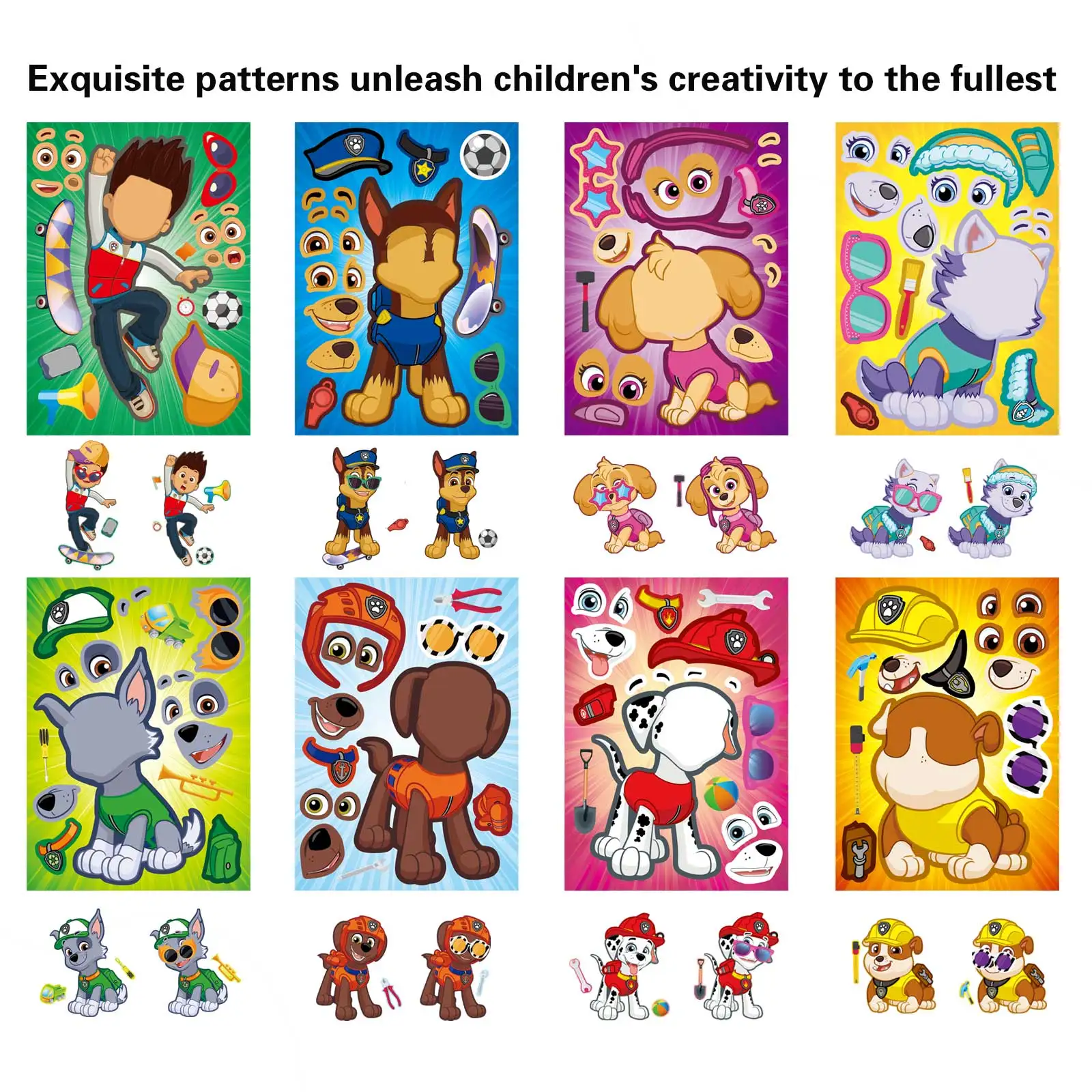 8/16Sheets Cute PAW Patrol Puzzle Anime Stickers DIY Make-a-Face Assemble Funny Cartoon Decal Assemble Jigsaw Children Gift Toy