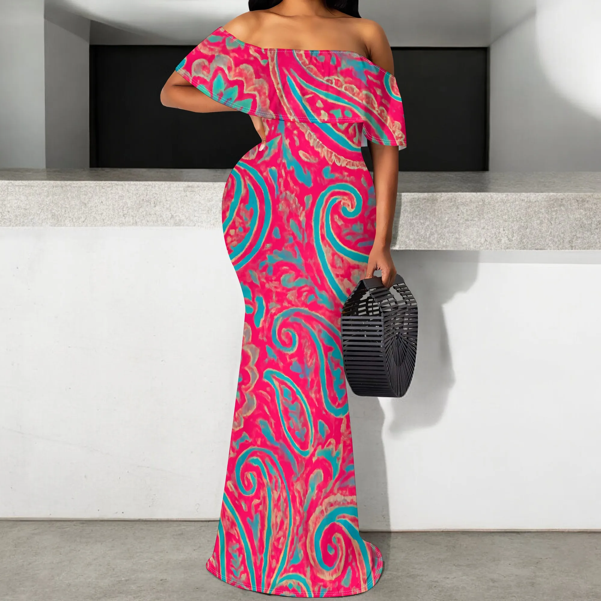 

Boho Paisley Print Maxi Dress S-3XL Off Shoulder Curve Hugging Vacation Look