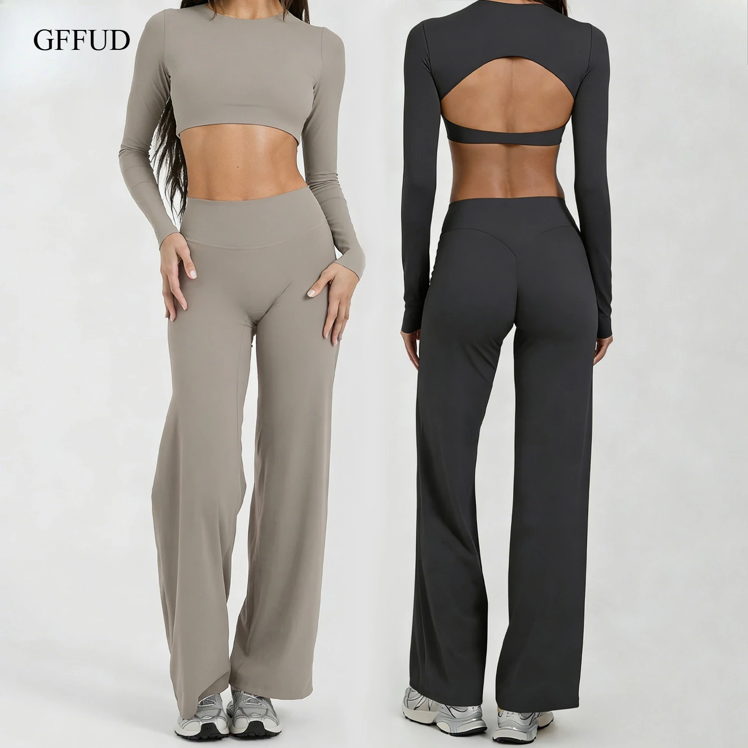 

Women Yoga Set Two Piece Outfits Cropped Long Sleeve Top High Waist Wide Leg Pants Buttery Soft Creamy Texture Gym Sports Wear
