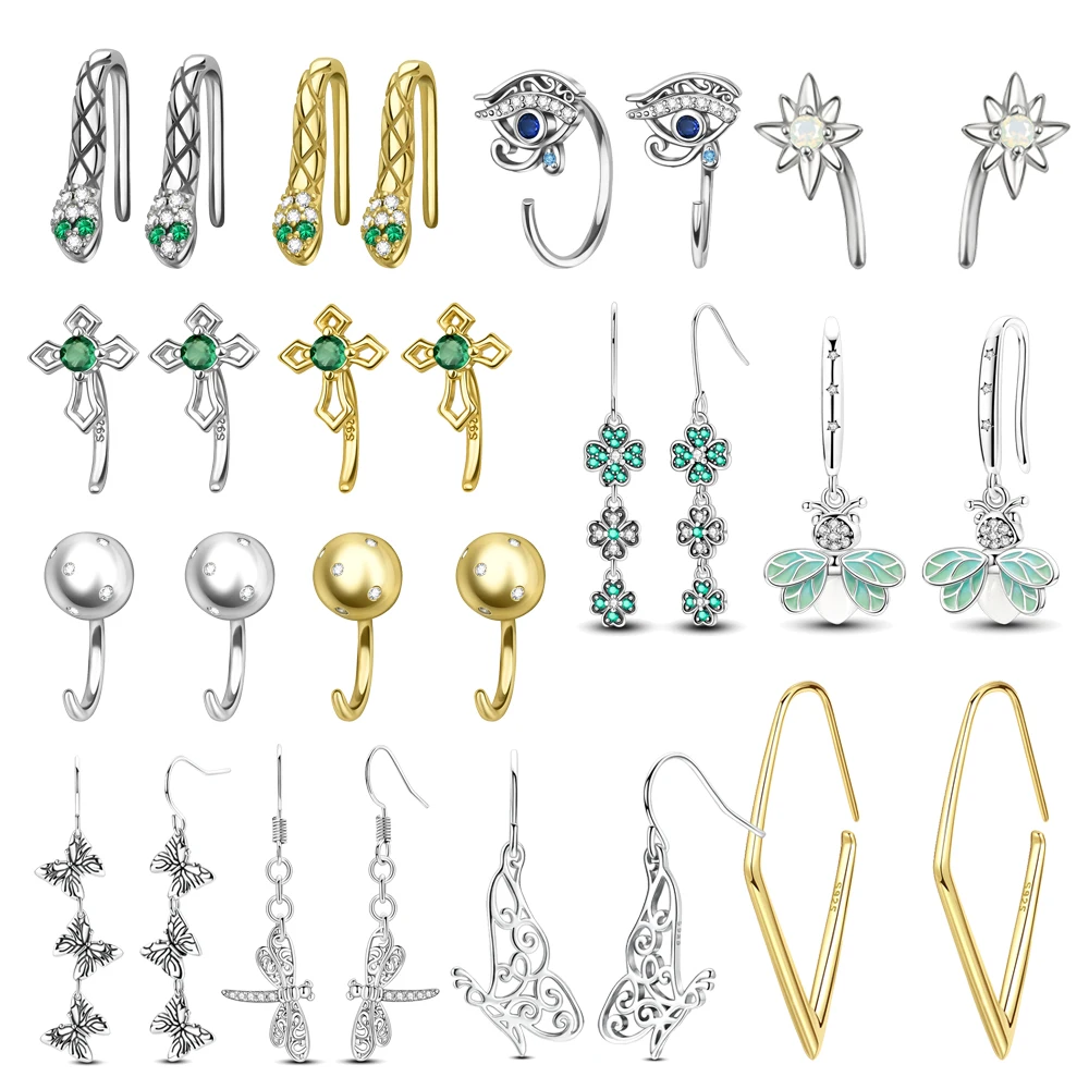 

High Quality 925 Sterling Silver Cross Four-leaf Clover Firefly Butterfly Snake Earrings Wedding Party Jewelry Gifts