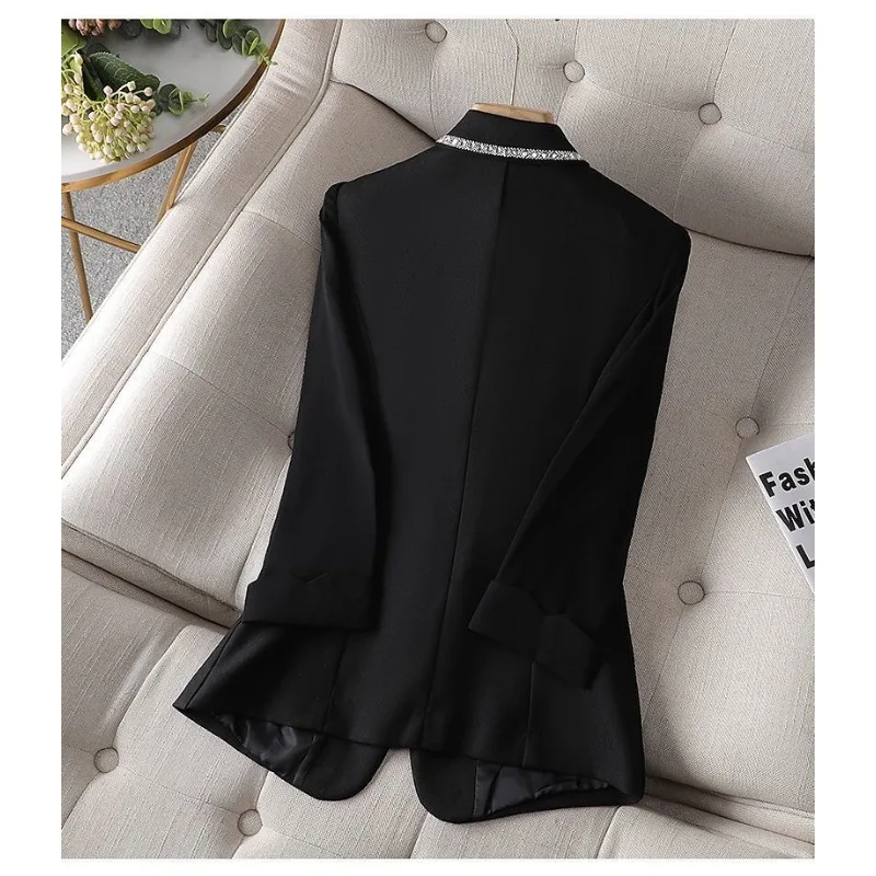 Women's 2026 Spring/Summer New Black Suit Jacket Women Fashion Rhinestone Lapels Three-quarter Sleeve Small Coat Design Tops