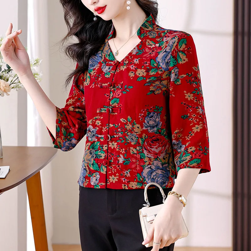 Women Clothing Vintage Chinese Style Chic Button Printing Shirt Summer V-neck Loose Plus Size Cardigan Lady Fashion Elegant Tops