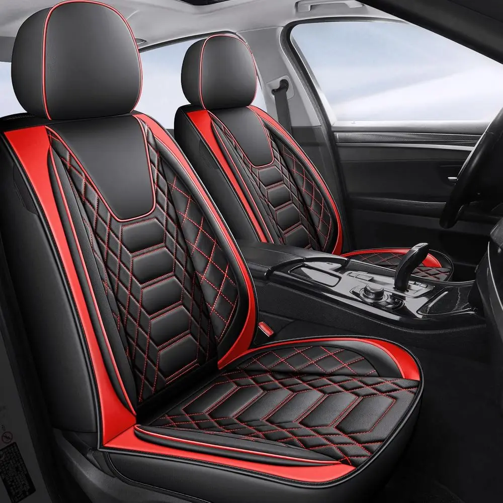 Universal Car Seat Covers Full Set, Premium Leather Look, Black with Red, Waterproof, Non-Slip, Suitable for Most Cars and SUVs