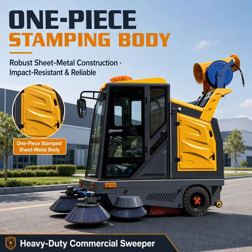 48V Electric Ride-on Road Sweeper 1500-2200mm Cleaning Width Industrial Floor Cleaning Machine with Cab and Dust Suppression