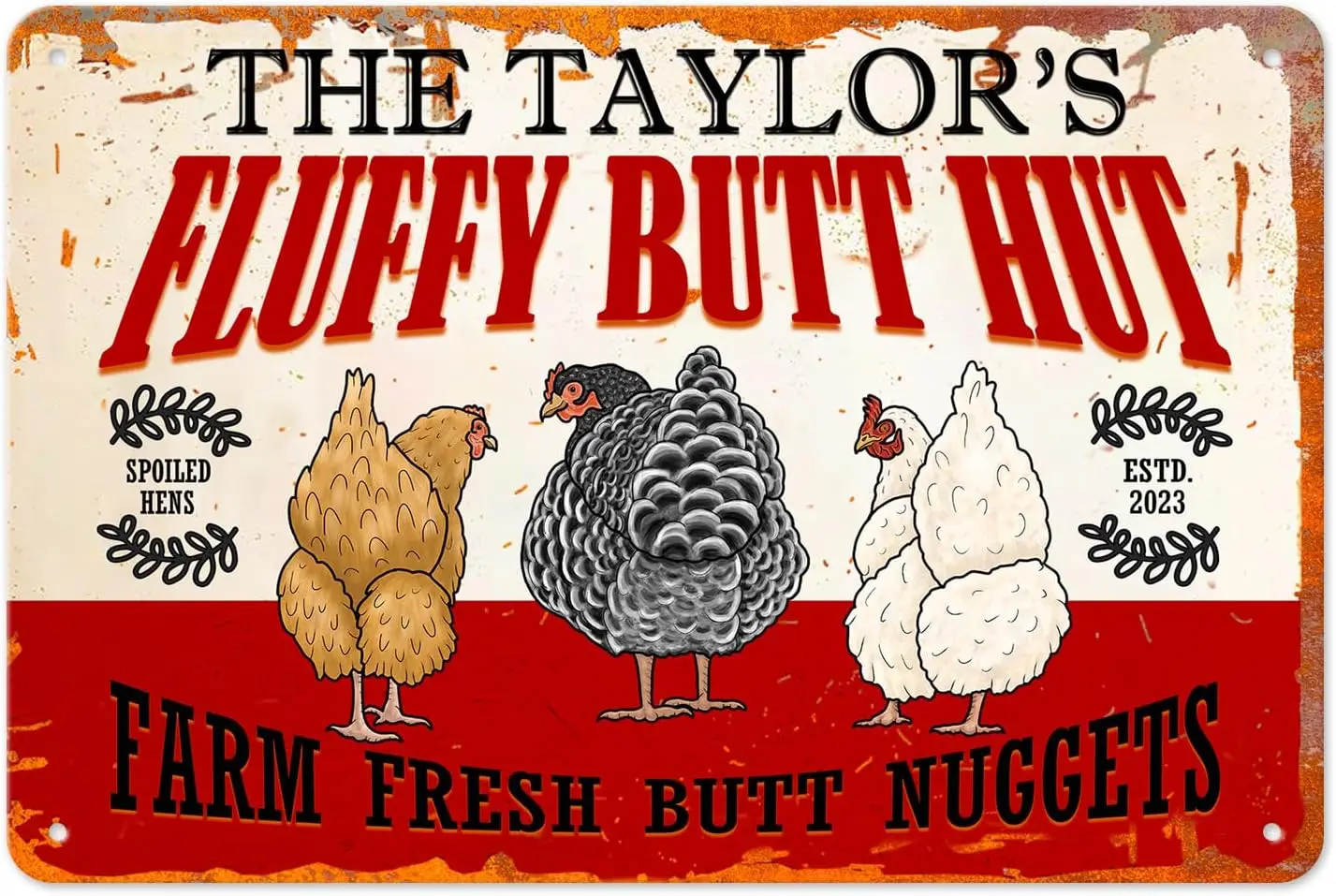 Personalized Fluffy Butt Hut Chicken Sign Metal Funny Chicken Coop Classic Metal Sign Aluminum Farm Fresh Butt Nuggets Eggs Out
