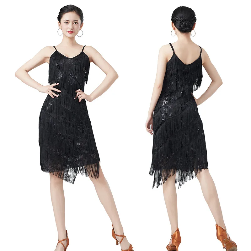 Robe à col en v, ensemble jupe à franges et paillettes pour danse latine, jupe à bretelles, costume de spectacle de danse
