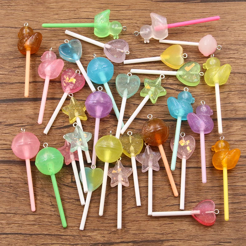 10Pcs Mix Color Size Bling Glitter Heart Round Duck Star Lollipop Resin Charms For Earring Kawaii 3D Keychain Jewelry Making