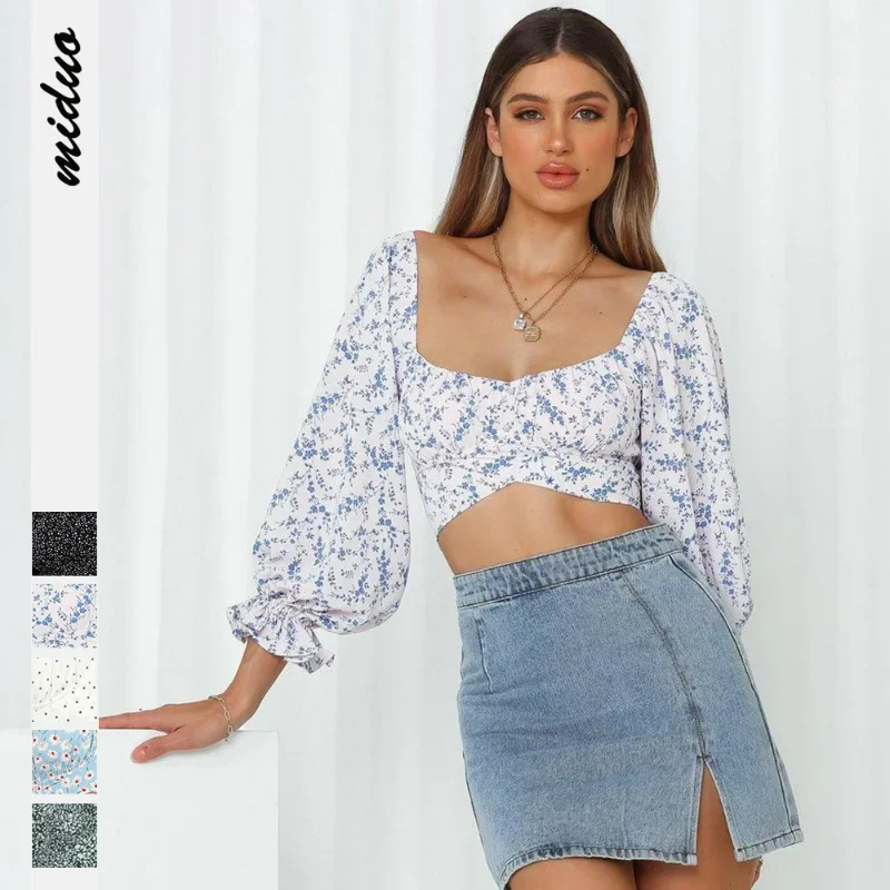 

Women's Chiffon Floral Print Ruffle Puff Bishop Long Sleeve Square Neck Tie Backless Crop Top Shirred Blouse T-Shirts Pullover