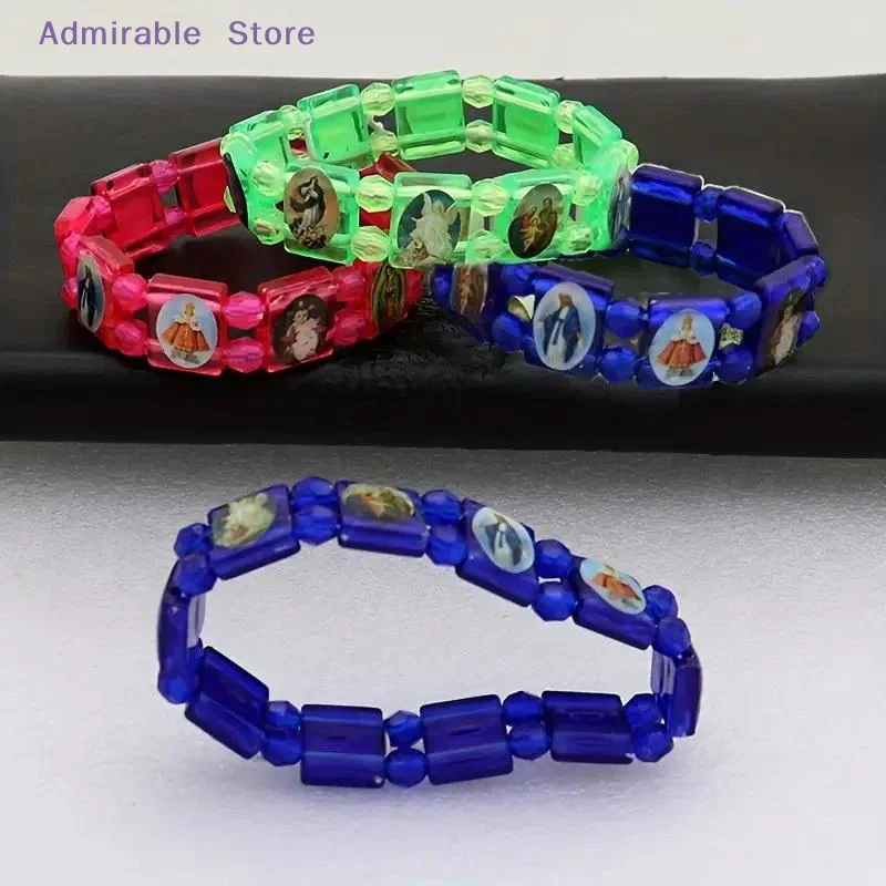wVintage  And  Mary PVC Rosary Bead Bracelet With Elastic Band Religious Image Stickers For Daily Wear Parties