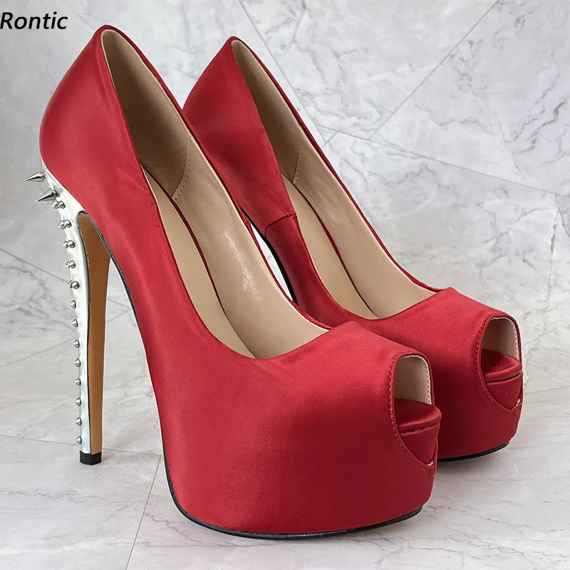 

Rontic Handmade Women Platform Pumps Studded Sexy Thin High Heels Peep Toe Beautiful Wine Red Shoes Ladies US Plus Size 5-20