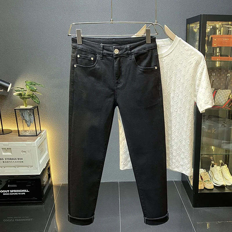 2024 New High-Grade Black Cropped Jeans Men's Slim-Fitting Small Straight Trendy Brand Skinny Casual Long Pants