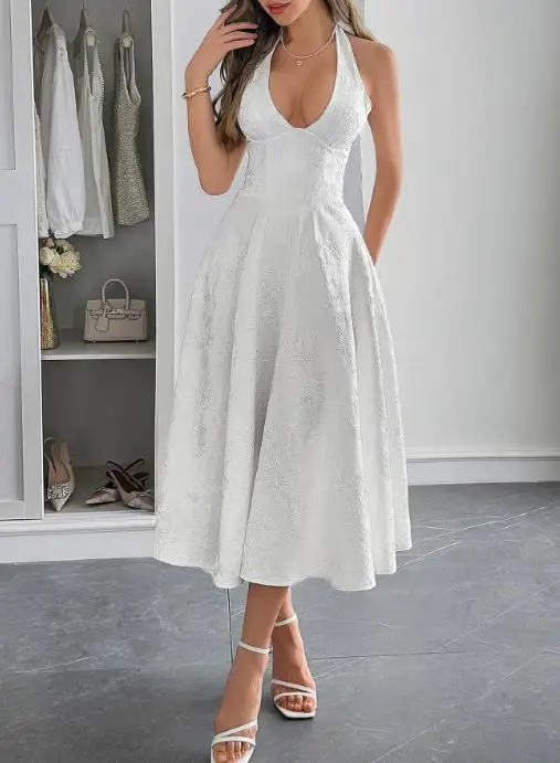 

2025 Dress Women's Fashion Spring Summer Style Sexy Elegant Evening Dress with Neck Hanging Waist Cinching Long Skirt Dress
