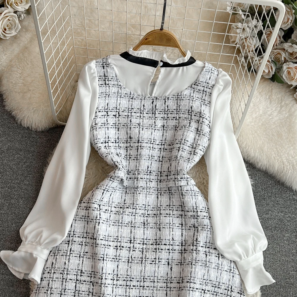 خريف جديد طويل مضيئة الأكمام الشريط القوس أسود أبيض فستان قصير للنساء شيك وهمية قطعتين المرقعة قصيرة أنيقة ألف خط فستان