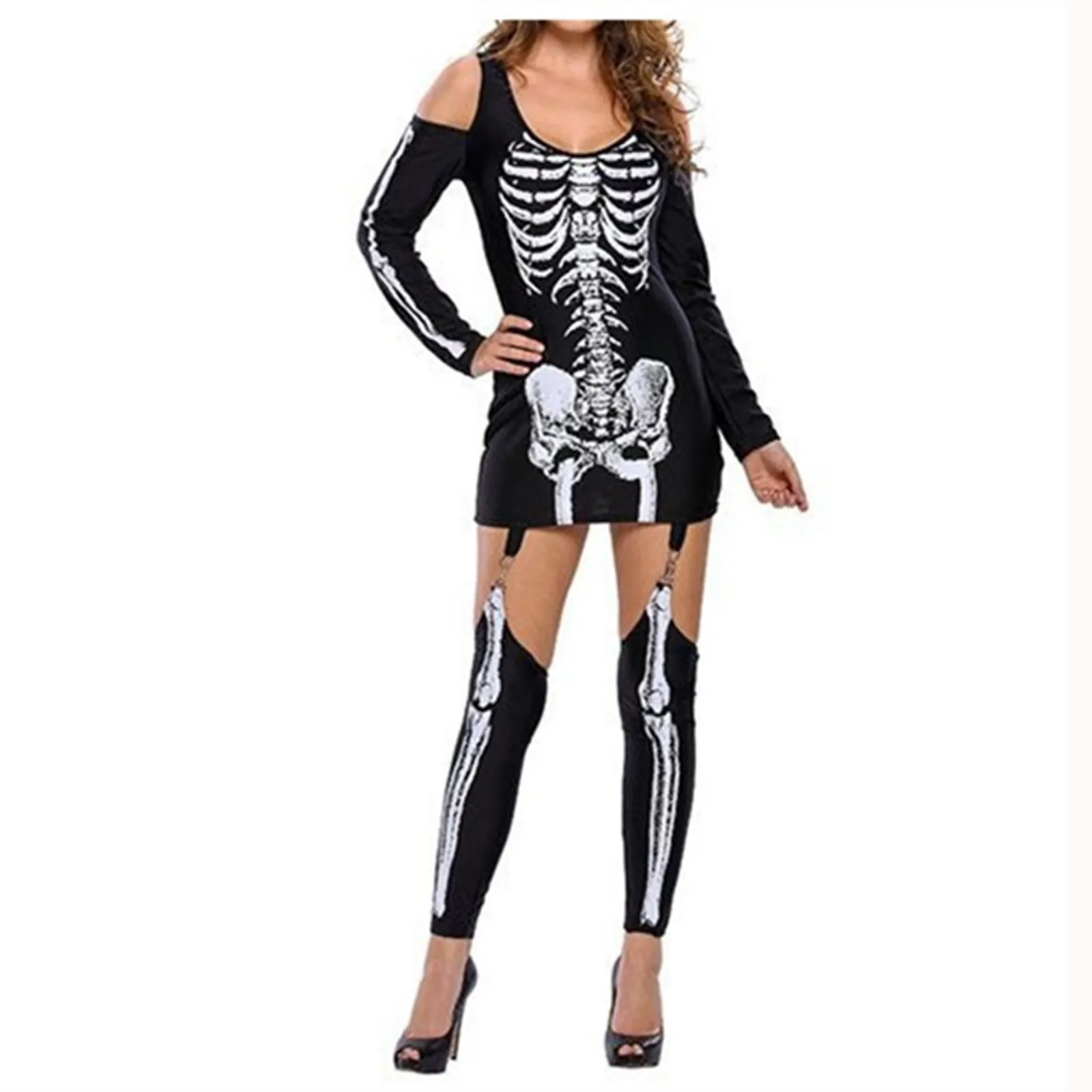 Halloween Costume Skeleton Print Dress Sexy Off Shoulder Masquerade Dresses Cute Round Neck Long Sleeve Dress Suit Women