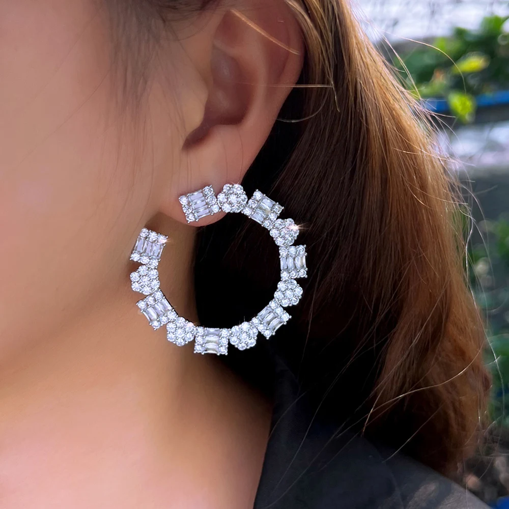 

CWWZircons Роскошные блестящие белые серьги с кубическим цирконием, большие круглые висячие серьги для женщин, модные свадебные украшения для помолвки E1147