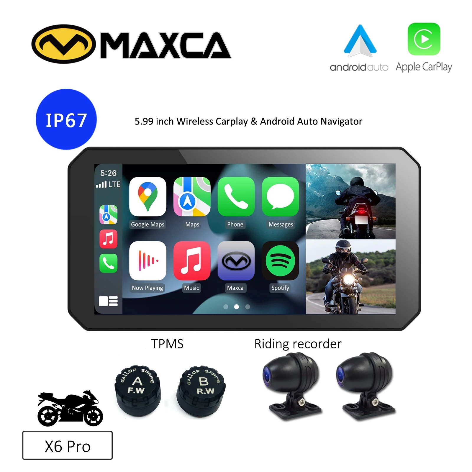 

Maxca X6 Pro 5,99-дюймовый мотоциклетный видеорегистратор TPMS для верховой езды с беспроводным Apple CarPlay Android Auto Navigator