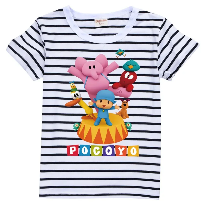 Camiseta de moda Pocoyoe, ropa de verano para niños, camiseta de manga corta con cuello redondo para niños y niñas, camisetas bonitas para bebés, Top a rayas de dibujos animados