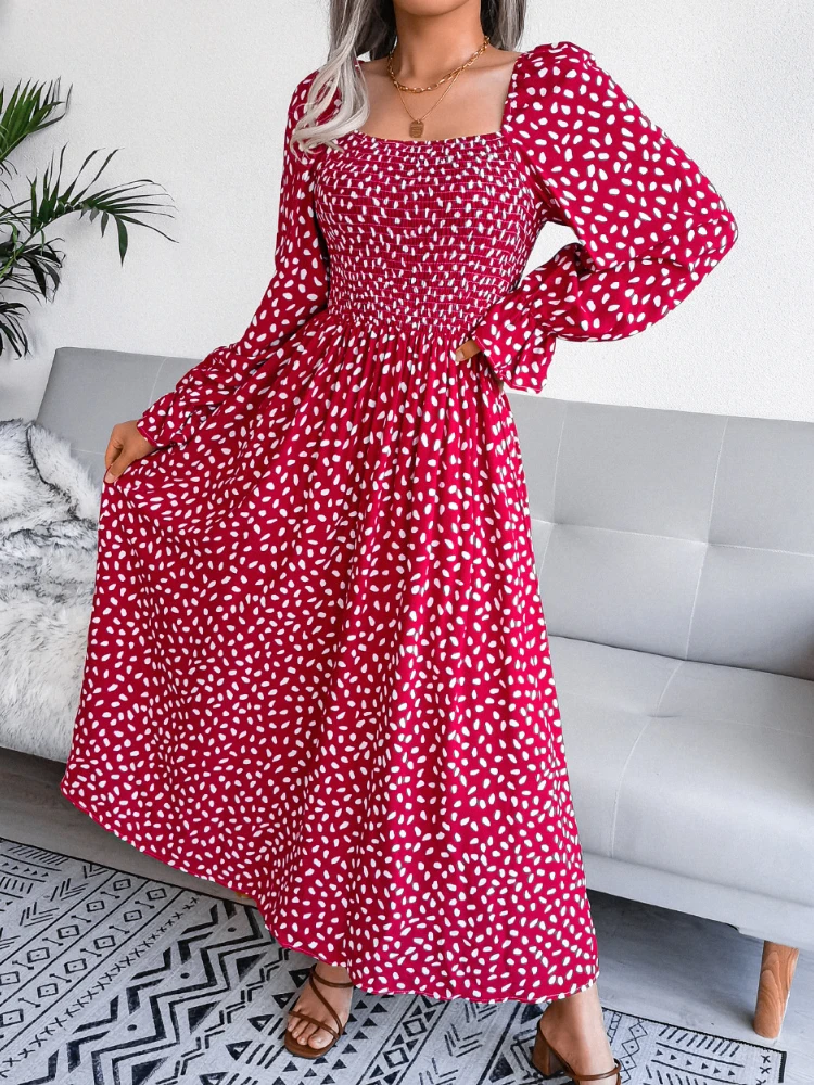 Square Neck Long Sleeve Pleated Dresses Summer Middle Waist Big Swing Flare Sleeve Ankle-length Dresses for Women 2023 Fashion