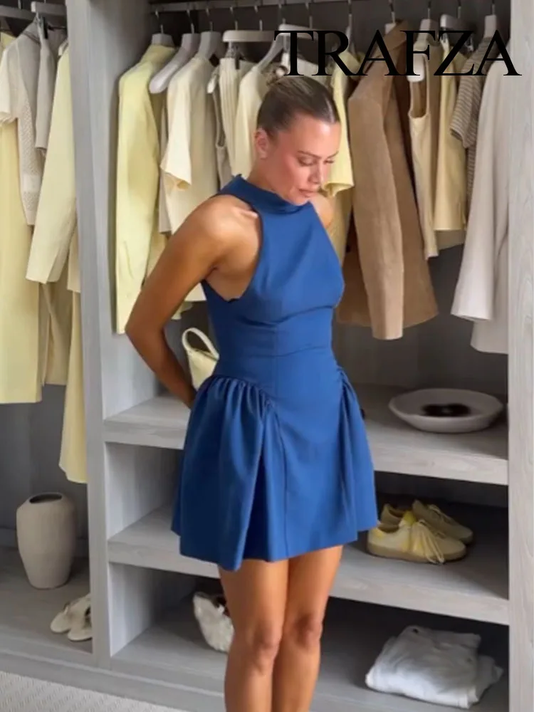 

HH Woman Summer High Street Mini Dress Solid Half-High Collar Folds Zipper Woman's New Fashion Chic Sleeveless Dresses