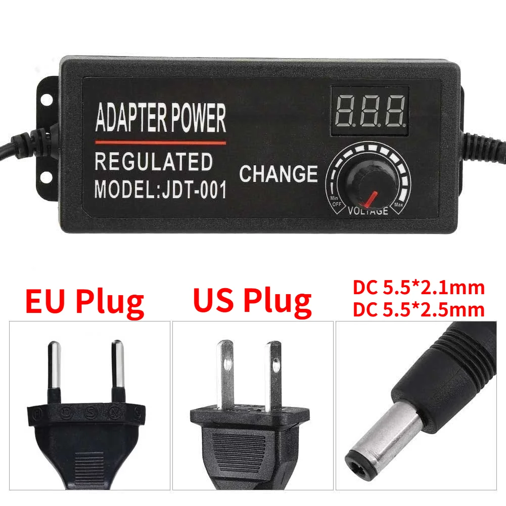 Adjustable Adapter 3V to12V 5A or 3V to 24V 2A Power Supply Display Screen Regulated Knob DC 5.5*2.5mm Input US EU 100-240VAC