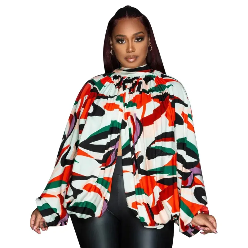 

Женская летняя шифоновая рубашка на шнуровке с разноцветным принтом, летние праздники, свободная женская блузка с длинными рукавами и высоким воротом, уличная одежда