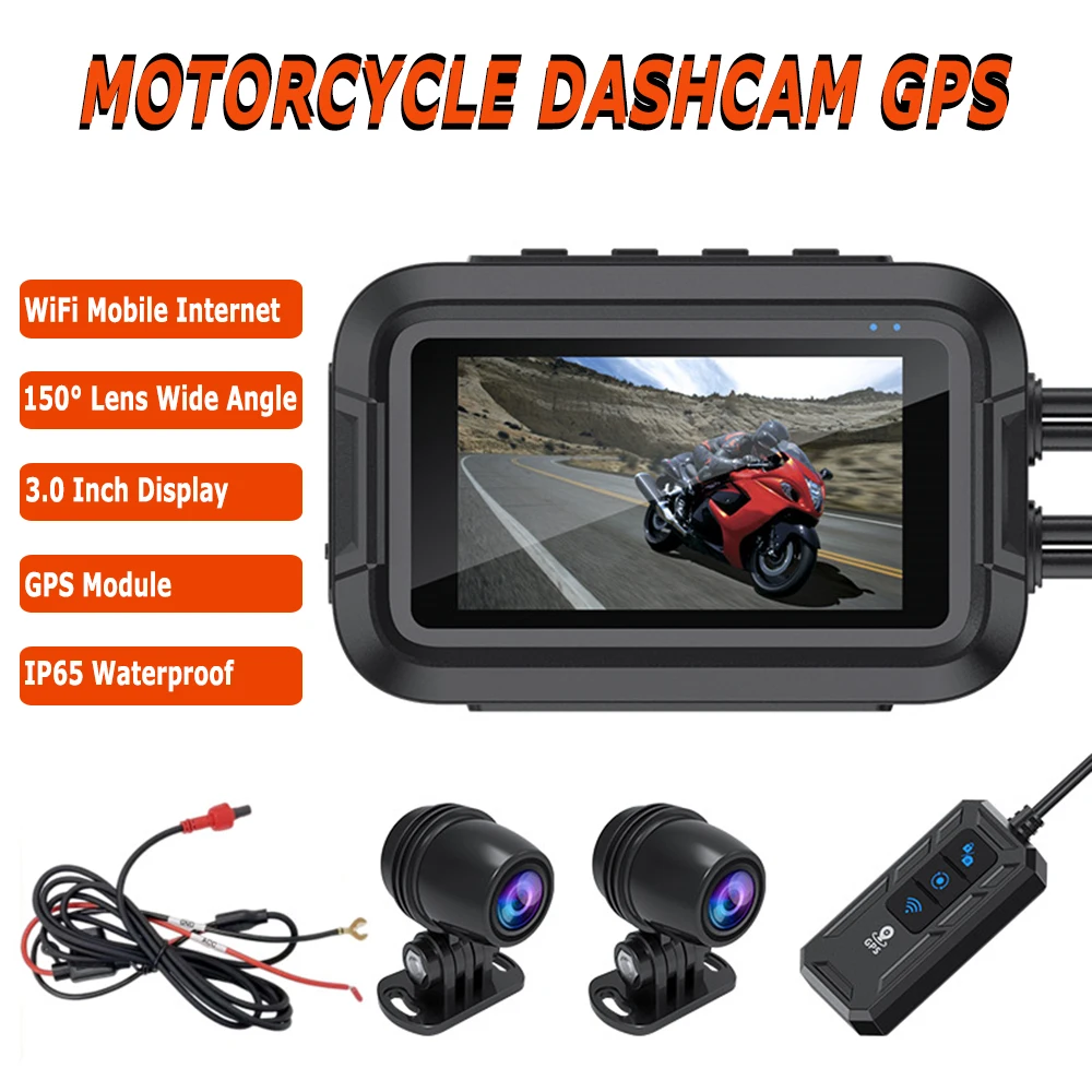 Dual 1080P Motorcycle DVR Full Body 3 Inch Dash Cam Waterproof Camera Front Rear WiFi Motorcycle Video Recorder Black GPS Box