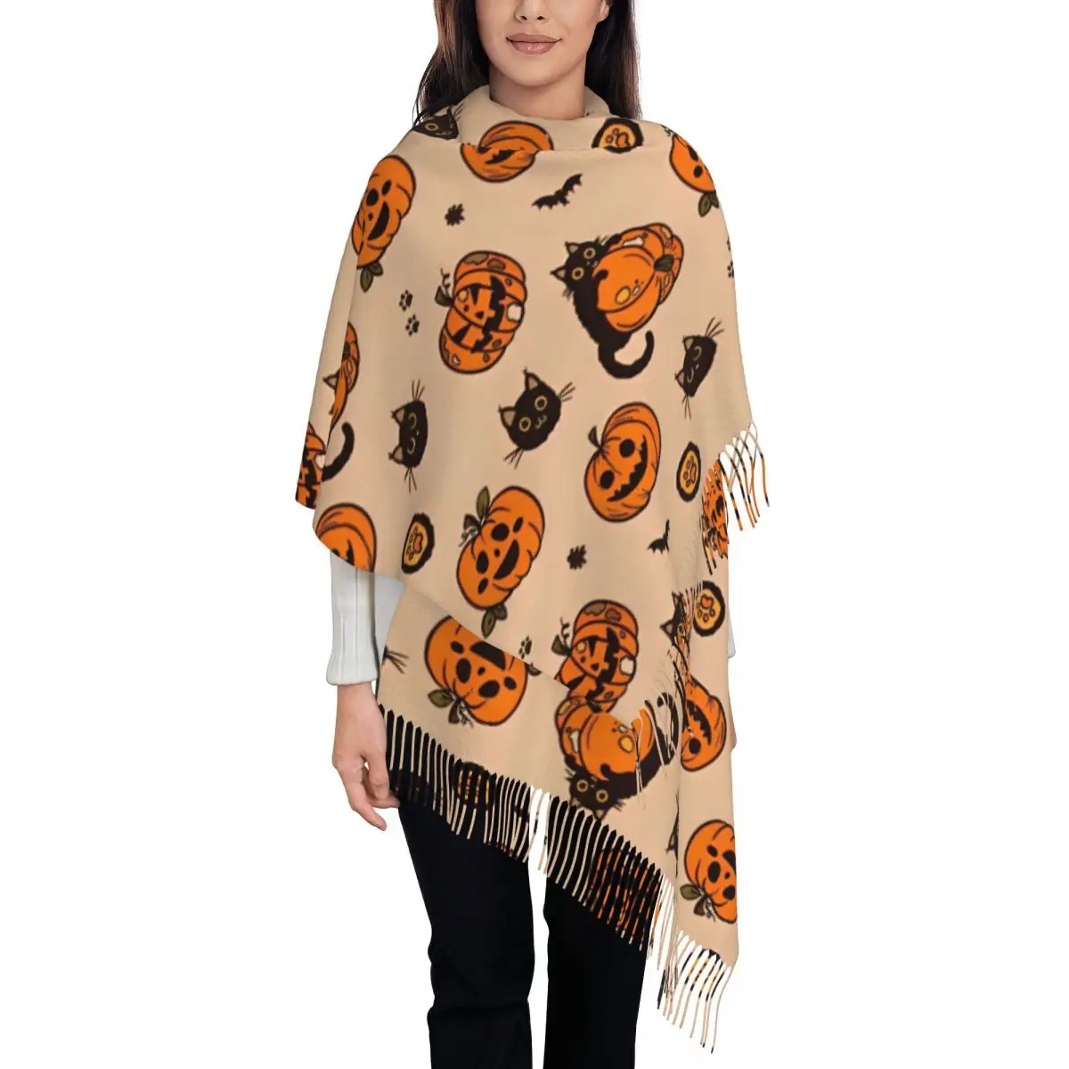 Halloween Pumpkins Ghosts Cat Scarf for Womens Winter Warm Shawls and Wrap Trick or Treat Cute Large Shawl Scarf for Daily Wear