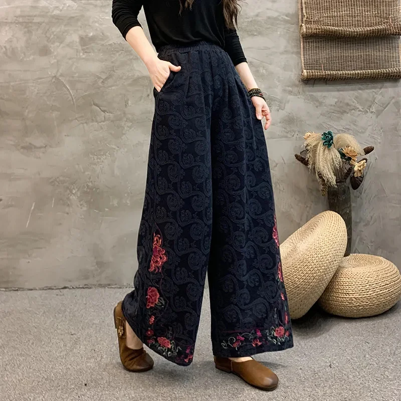 

Ethnic Wind High-Waisted Trousers 2024 New Middle-Aged Elderly Mothers Wide-Leg Pants Embroidered Elastic Waist Skirt Pants