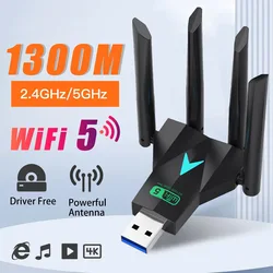 Adaptador USB WiFi para PC, Dual Band, 2.4G, 5GHz, placa de rede sem fio, Wi-Fi Dongle, receptor de sinal, driver livre, Win7, 10, 11, 1300Mbps