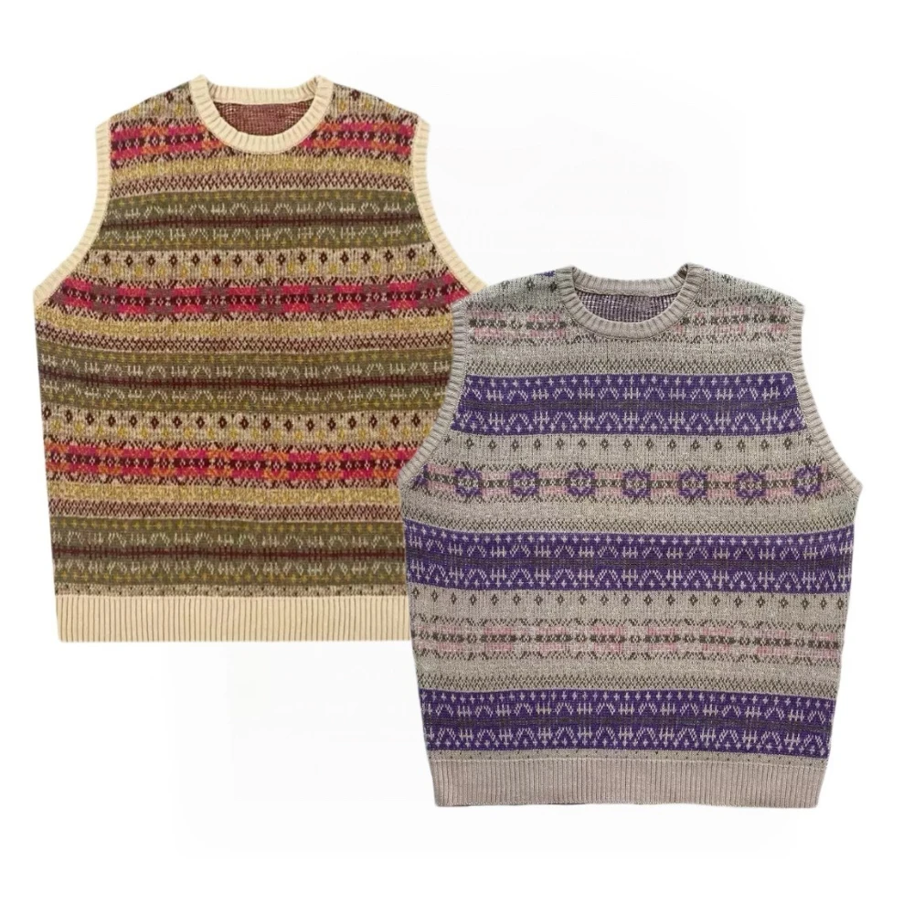 

Kapital Vintage INS Bone Frame Ethnic Vintage Floral Striped Knit Crew Neck Vest