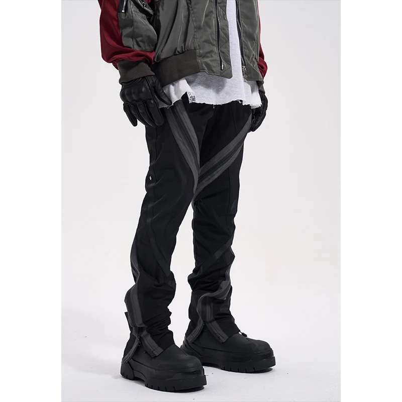 High Street Designer Wear Style Spiral Ribbon Adhesive Zipper Fashion Brand Men's Casual Techwear Trousers