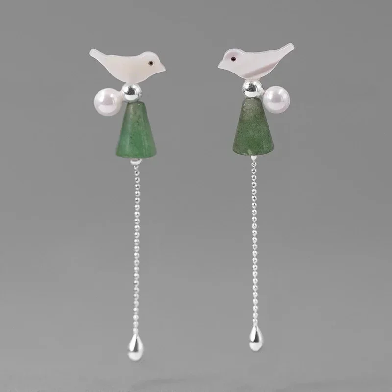 INATURE 925 Sterling Silver Natural Aventurine Cute Bird Bell Long Drop Earrings for Women Desinger Jewelry