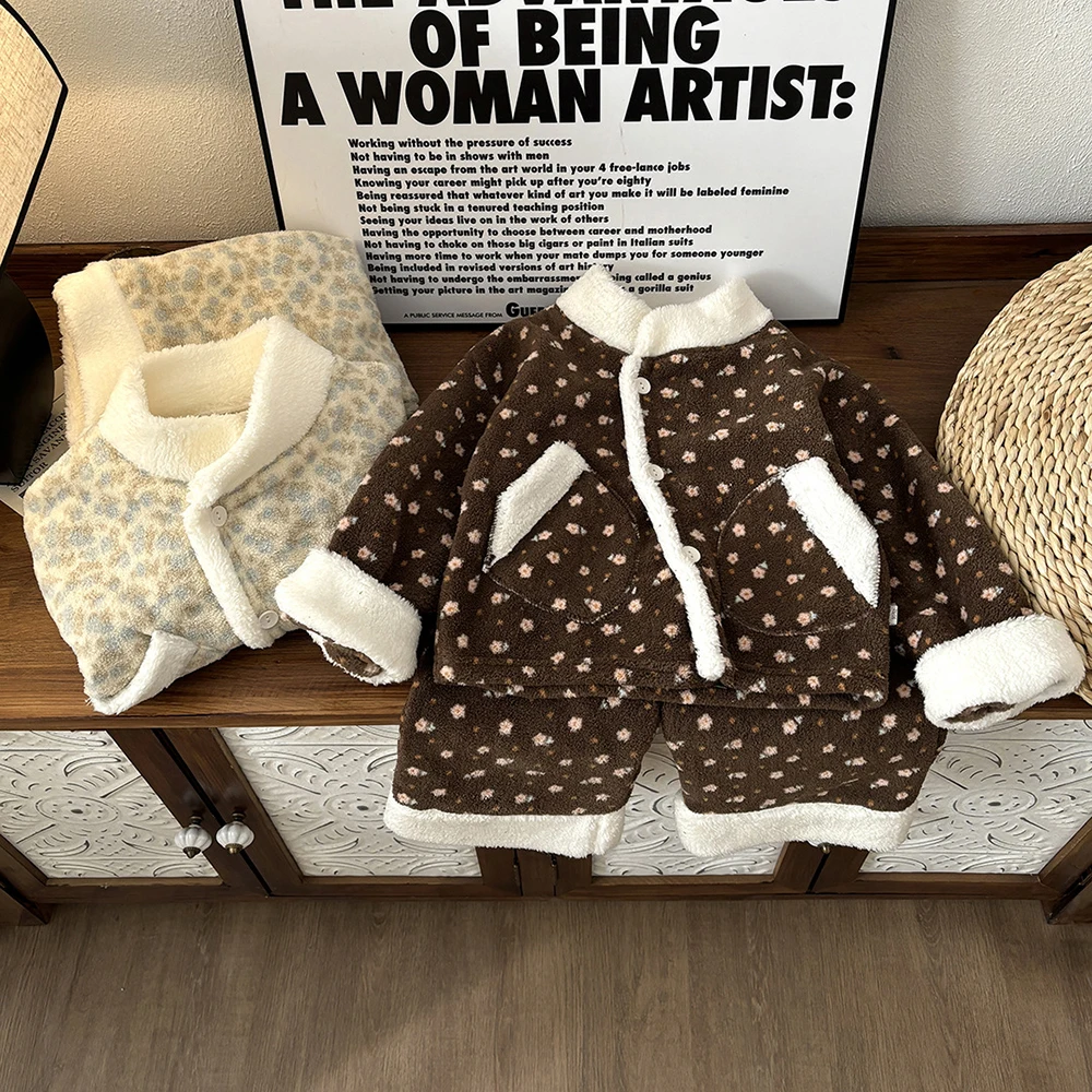 1-12T Winter Fleece-gefüttertes Mädchen-Homewear-Set Kinder-Pyjamas für Jungen Kinder-Sets und Outfits Kinderkleidung Mädchen 2-teilig – Detail 4