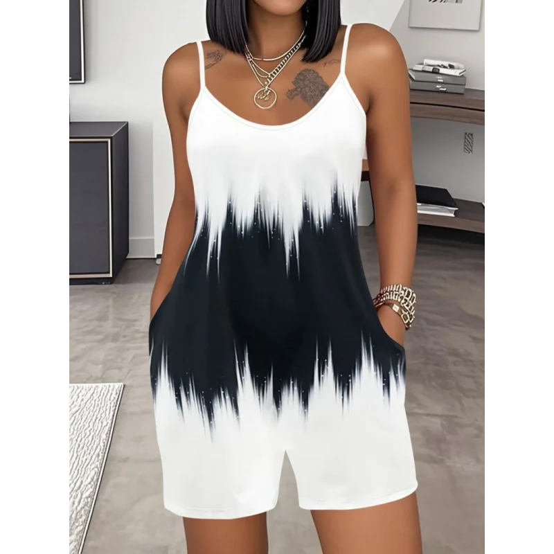

Европейский и американский новый стиль, повседневный высококачественный цветной градиент, комбинезон с короткими рукавами и круглым вырезом, шорты
