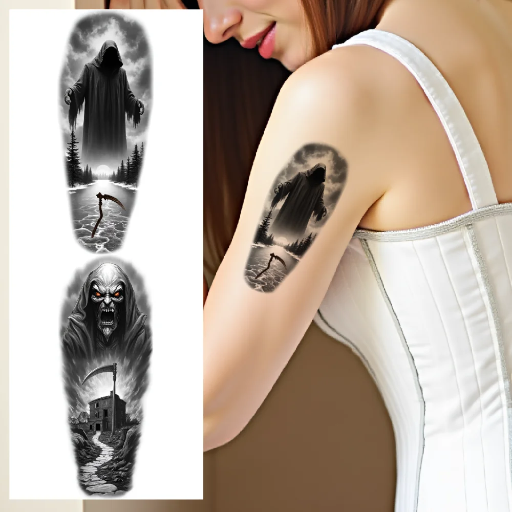 

12pcs Temporary Tattoo Scythe Realistic Temporary Tattoos Grim Reaper Tower Mixed Realism Cloaked Figure For Thigh Male Adult