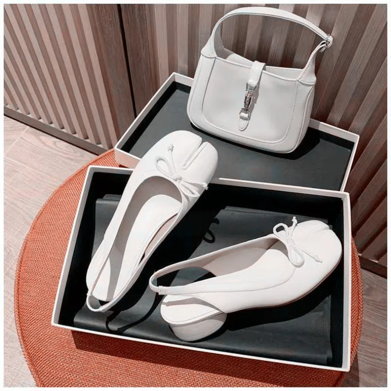 3CM High Heel Tabi Split-toed Ballet Shoes Bow Mary Jane Heel Black White Elegant Tabi Slingback Large Size 42 Summer New