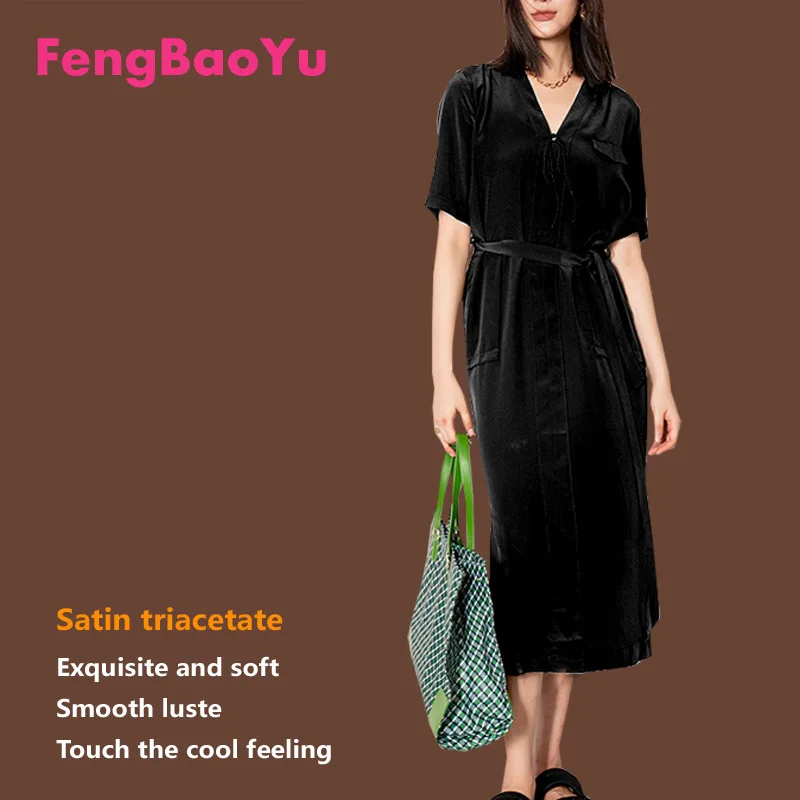 

Fengbaoyu Triacetate Satin Spring Summer Lady Short-sleeved V-neck Dress Black Smooth Bright Medium-length Skirt Free Shipping