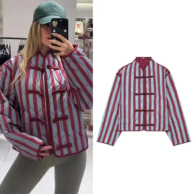 HipSeam Women's Striped Puffer Jacket New 2026 Autumn High-Collar Long Sleeve Frog Fastening Loose Woman Coat Chic Female Coats