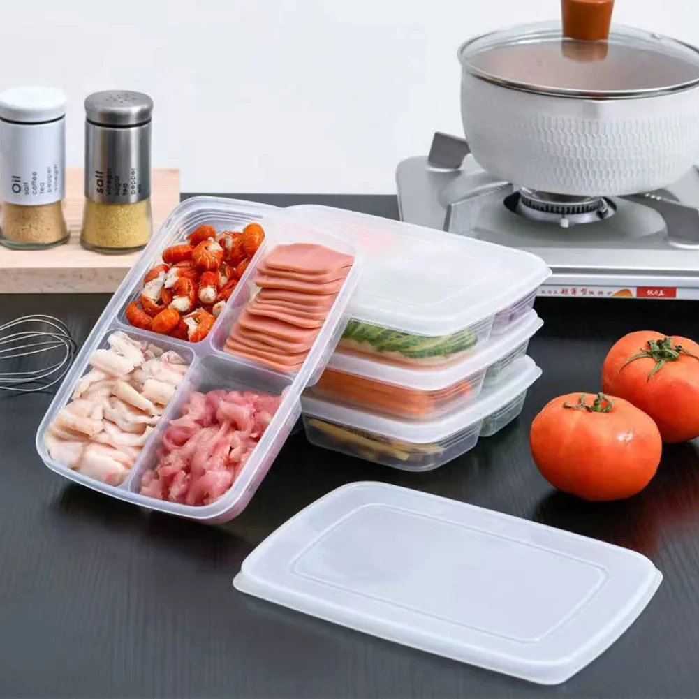 1PCS Transparent Four Grid Refrigerator Large Capacity Storage Box Frozen Meat Compartment Food Sub-packed Kitchen Tools