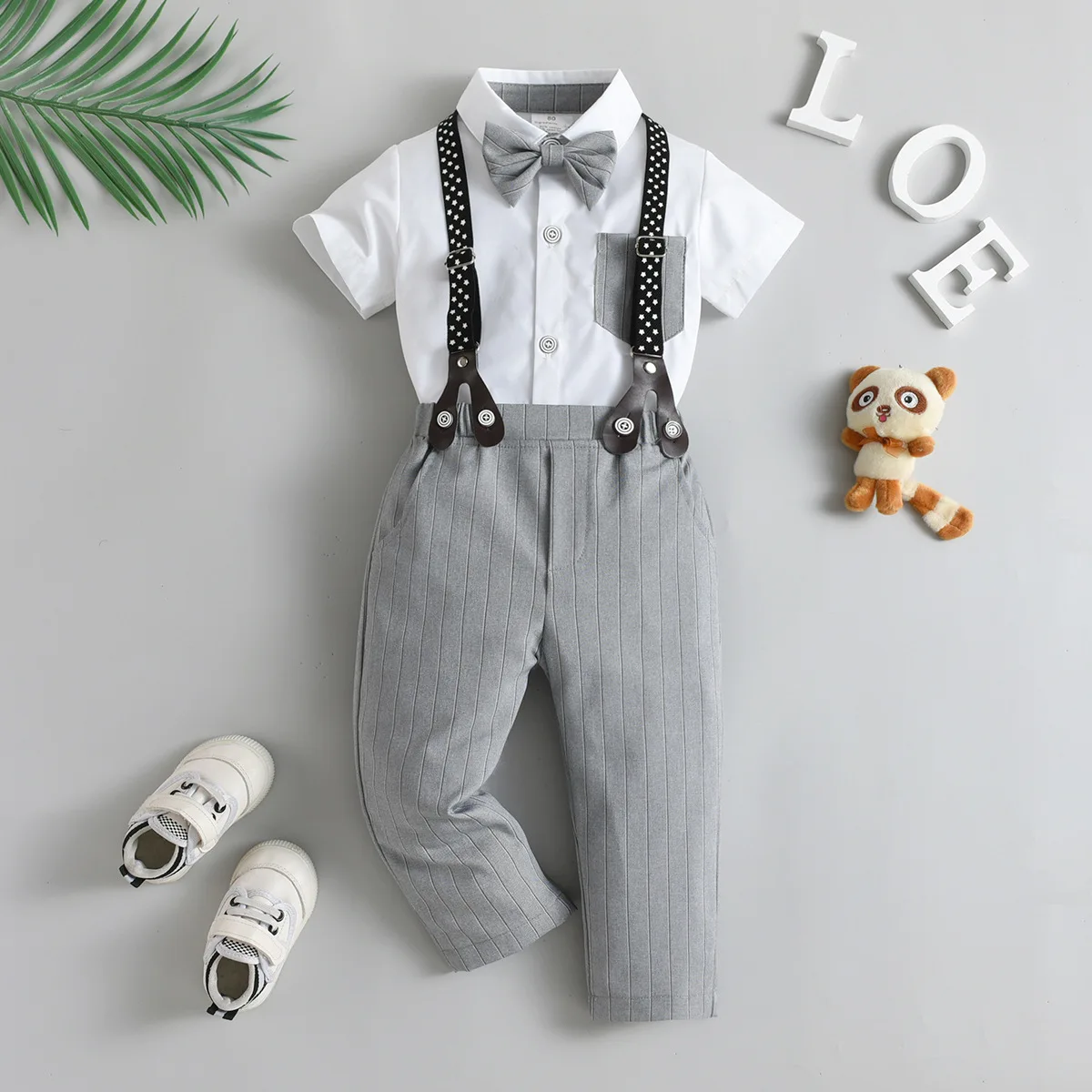 Dropshipping A Toddler Boys Gentleman Clothing Sets Short Sleeve Bowtie Shirt Tops+Suspenders Shorts Kids Boy Clothes Outfits