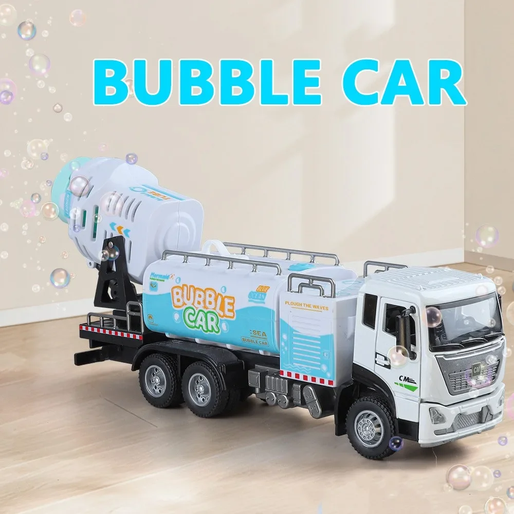 1/24 Automatic Bubble Blowing Car Model Toys Alloy Diecast Engineering Vehicles with Sound Light Pull Back Toys Gifts for Kids