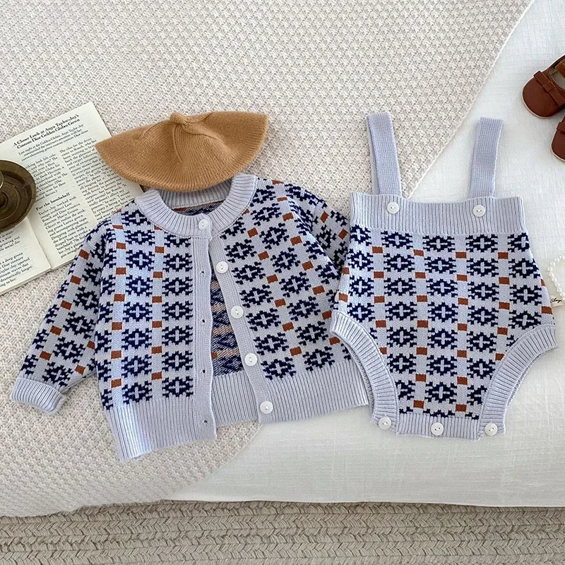 2024 New Autumn Infant Baby Girls Knitted Clothing Suit Long Sleeved Knitted Cardigan+Jumpsuit Children Knitted Clothes Set