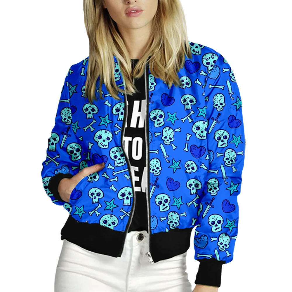 Women\'s Jacket Tops Long Sleeves Skull Print Baseball Collar Zipper Coat Slim Fashion Lady Girls bomber Jacket Street Style