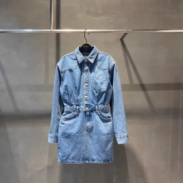 Abito in denim monopetto lavato per le donne 2022 Primavera Nuovo temperamento Manica lunga Vita sottile Aderente Mini abito Streetwear