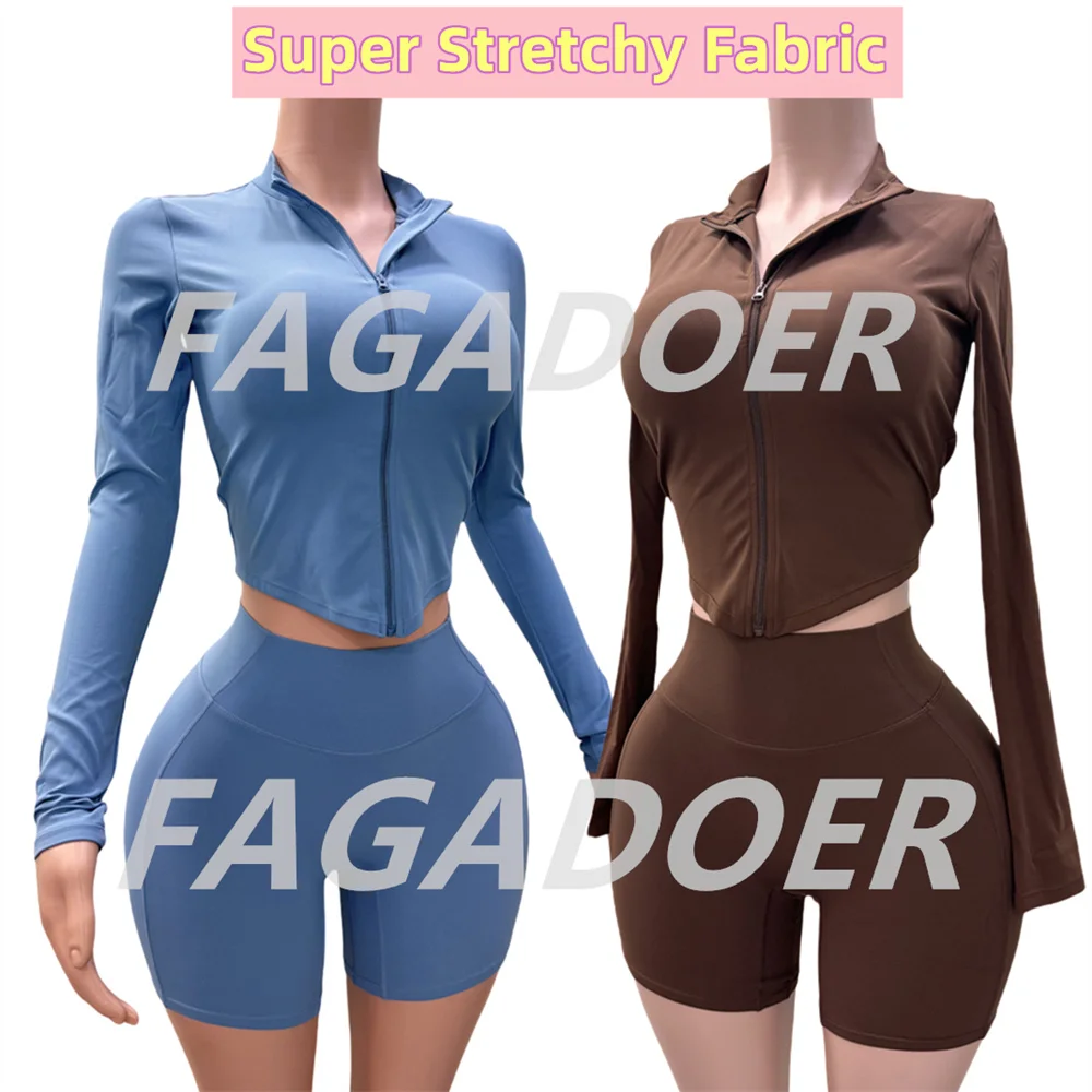 FAGADOER Casual Sporty Shorts Two Piece Sets Outfits Women High Quality Stretchy Long Sleeves Slim Tops And Shorts Tracksuit