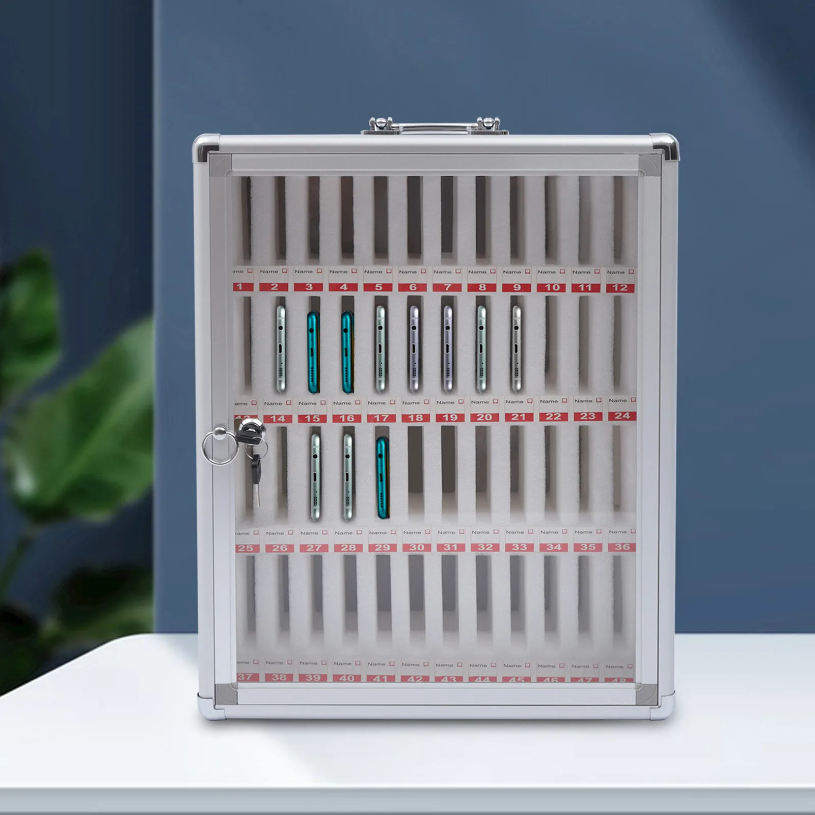 48 Slot Rectangle Pocket Chart Aluminum Alloy Cell Phone Locker With Acrylic Cabinet Door Storage Cabinet School Conference Room