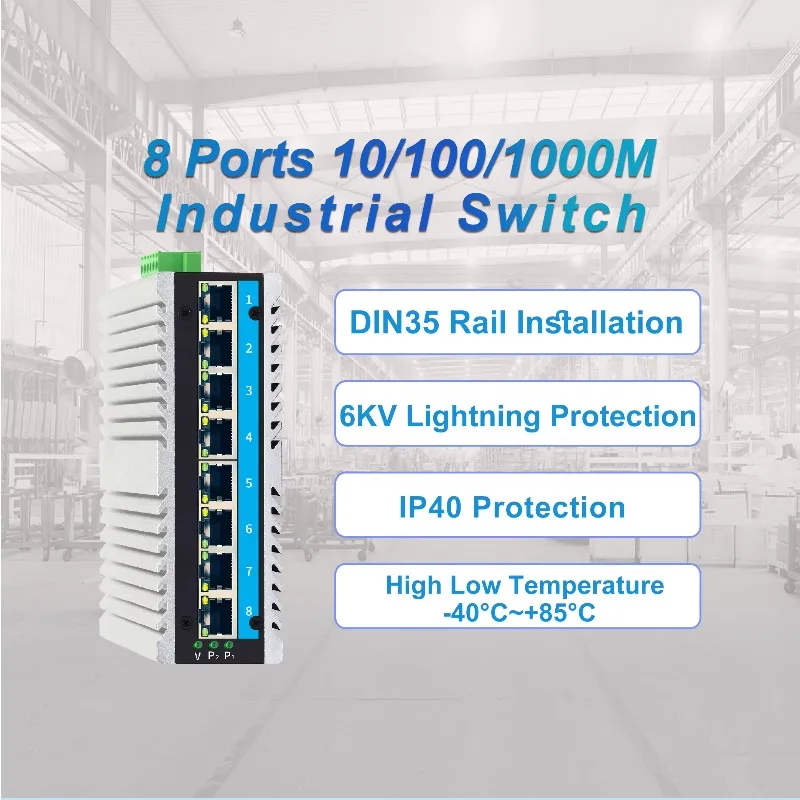 8-port Gigabit Industrial Switch with POE SNMP QoS VLAN Support Wide Range DC Input for Industrial Network