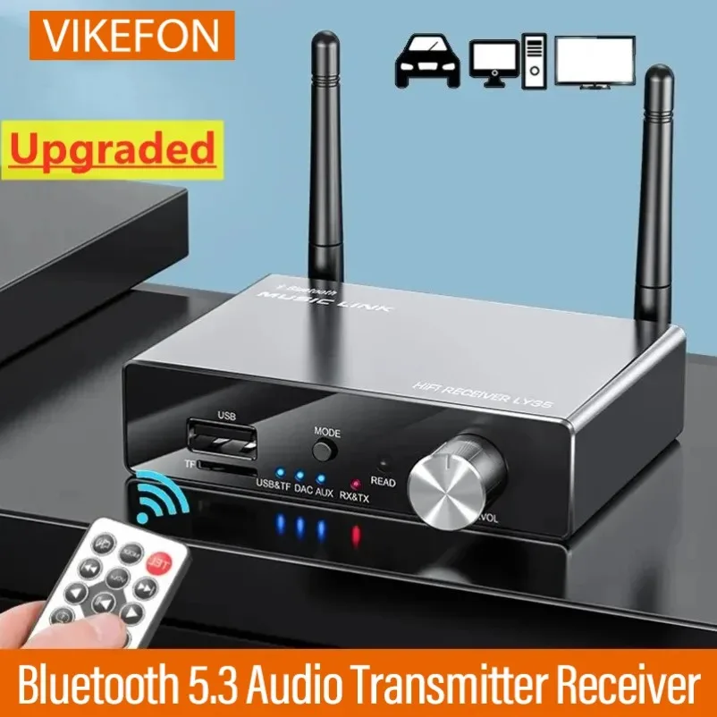 VIKEFON Adattatore audio musicale wireless Bluetooth 5.3 Trasmettitore Ricevitore Stereo a bassa latenza AUX 3,5 mm con telecomando ottico per TV PC