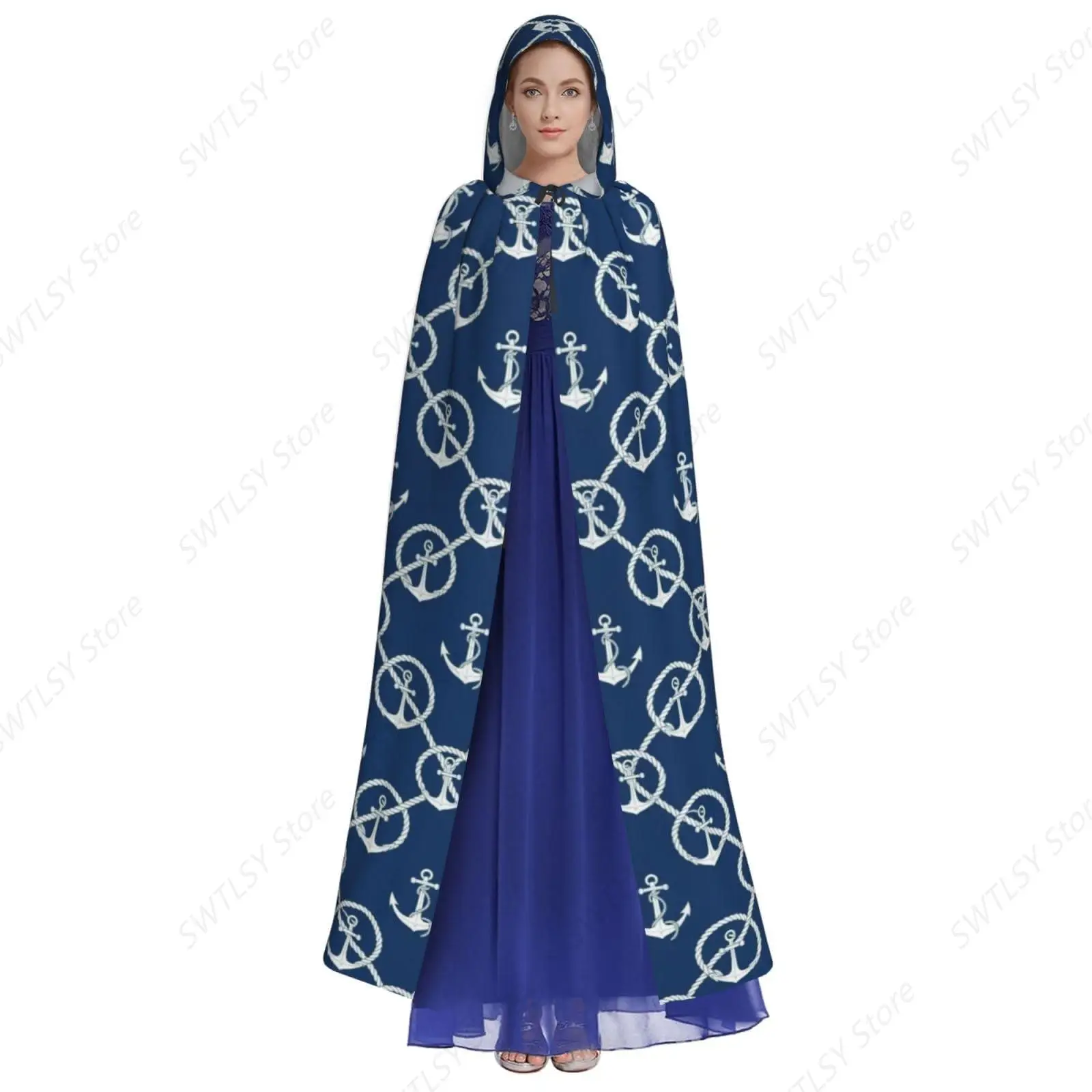 Halloween Nautical Anchor Hooded Cloak Women Men Halloween Cape Wizard Witch Costume Compatible